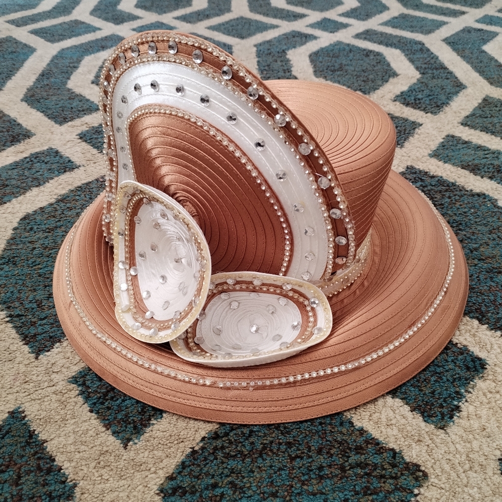 Elegant Tan and White Women's Hat with Embellishments